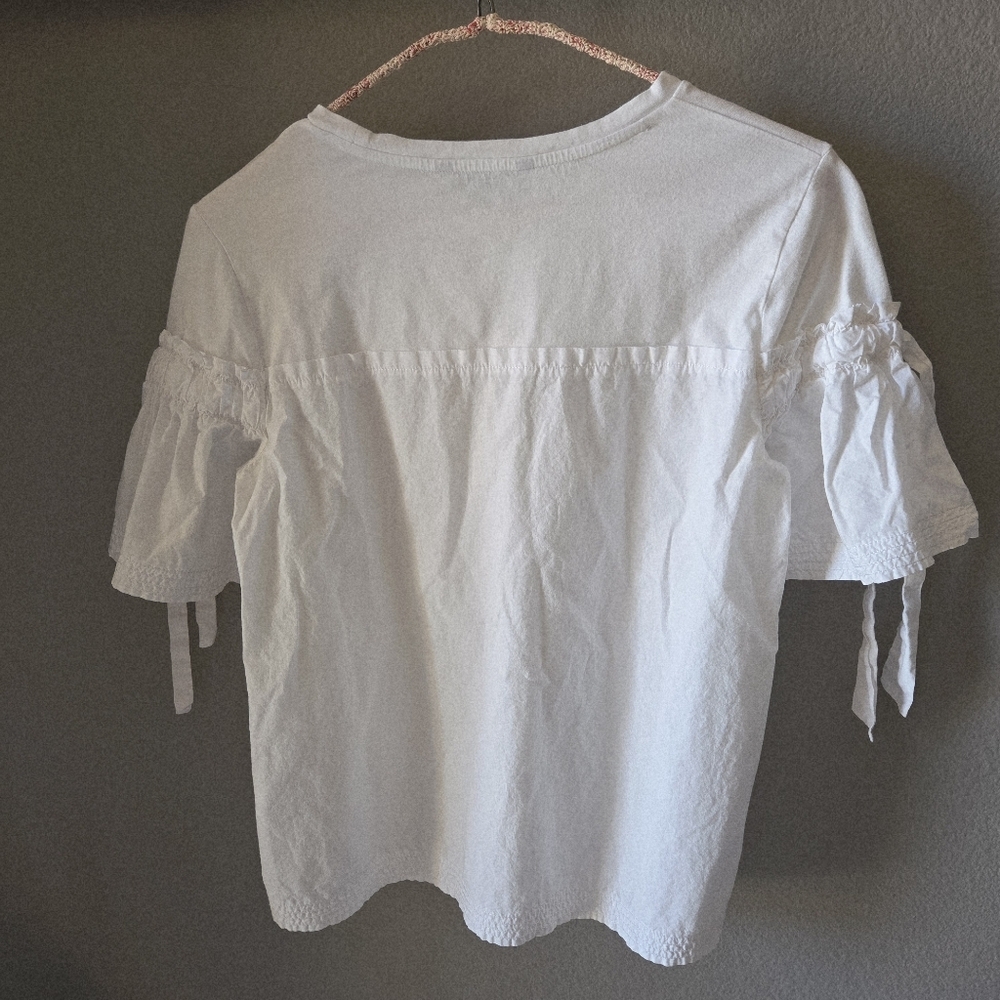 Banana Republic Cinch Tie-Sleeve Top White 100% Cotton S Feminine Romantic Boho - Picture 7 of 8